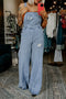 Distressed Denim Wide Leg Adjustable Strap Overall Jumpsuit