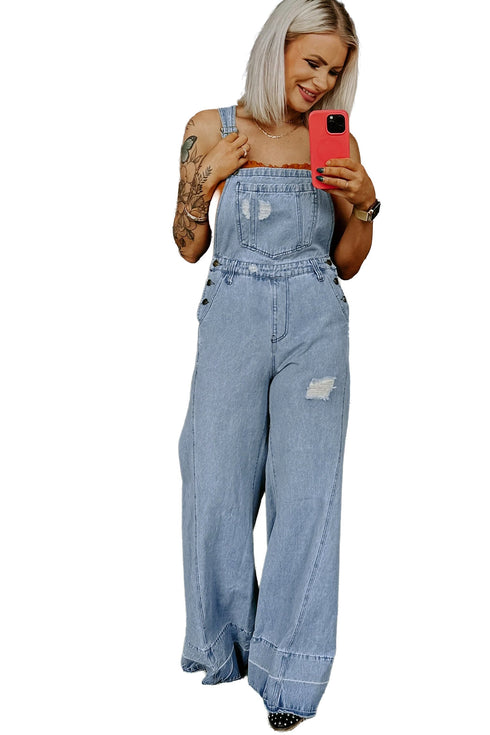 Distressed Denim Wide Leg Adjustable Strap Overall Jumpsuit