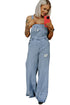 Distressed Denim Wide Leg Adjustable Strap Overall Jumpsuit