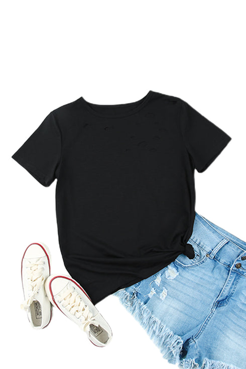 Distressed Detail Crew Neck Short Sleeve Casual T-shirt
