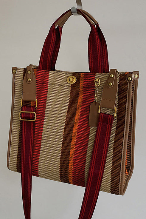 Distressed Edge Canvas Geometric Panel Shoulder Tote Bag