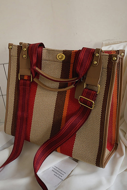 Distressed Edge Canvas Geometric Panel Shoulder Tote Bag