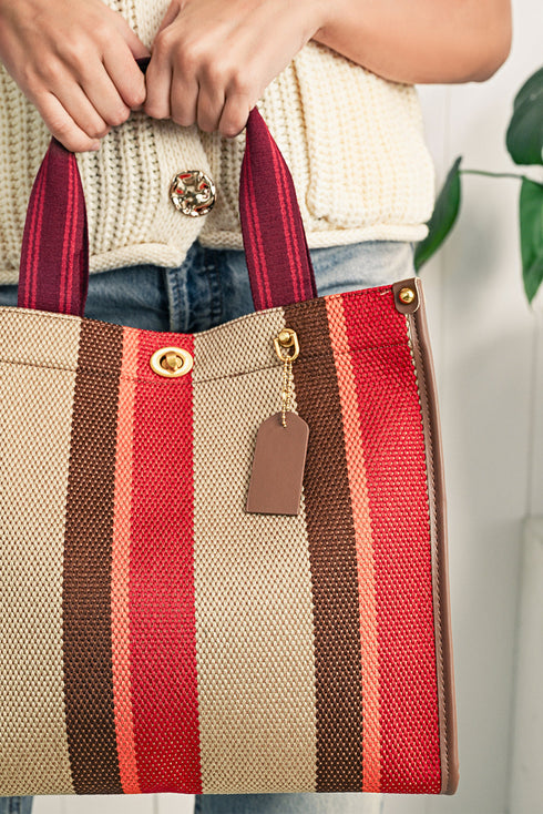 Distressed Edge Canvas Geometric Panel Shoulder Tote Bag