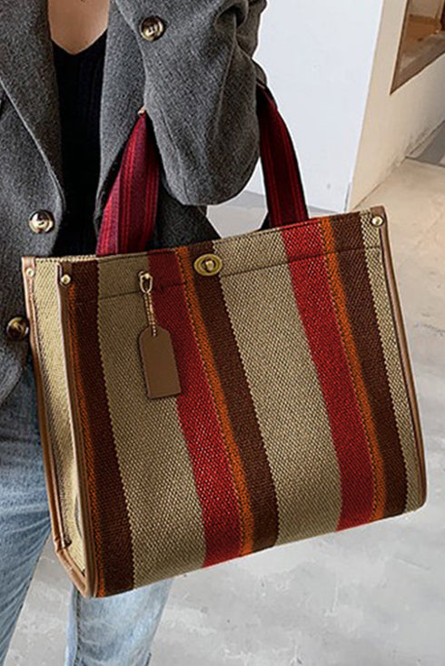 Distressed Edge Canvas Geometric Panel Shoulder Tote Bag