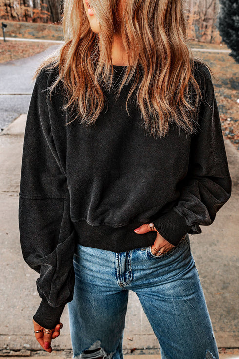 Distressed Finish Open Back V Cut Sweatshirt