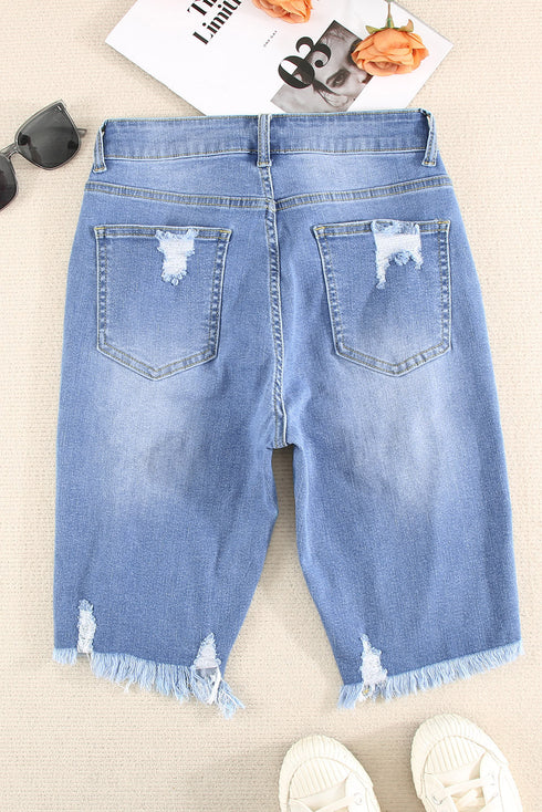 Distressed Fringe Tassel Long Bermuda Denim Shorts