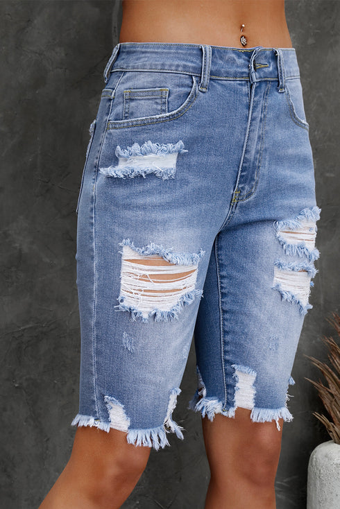 Distressed Fringe Tassel Long Bermuda Denim Shorts
