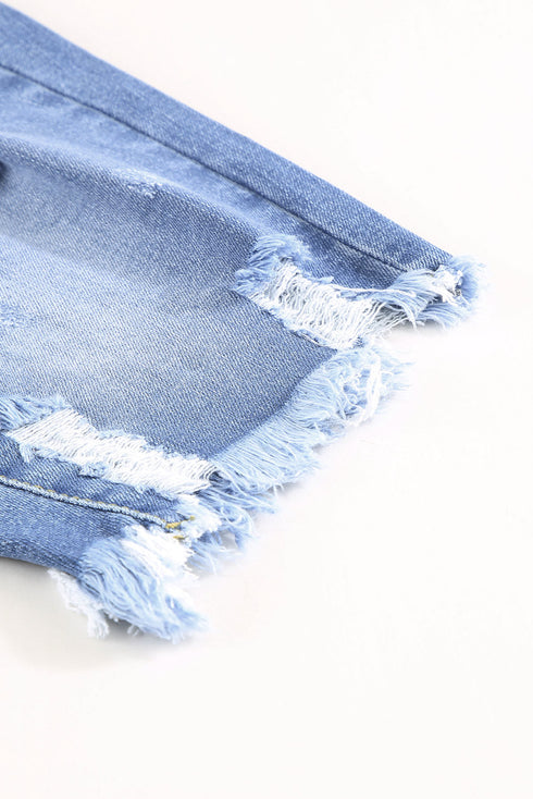 Distressed Fringe Tassel Long Bermuda Denim Shorts