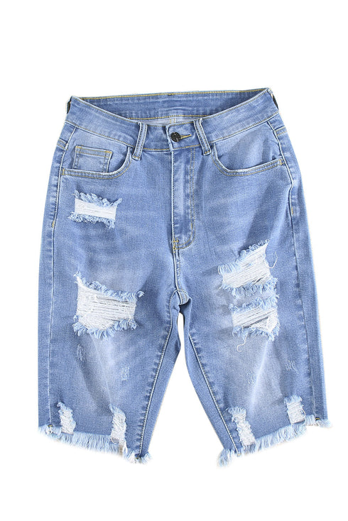 Distressed Fringe Tassel Long Bermuda Denim Shorts