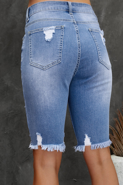 Distressed Fringe Tassel Long Bermuda Denim Shorts