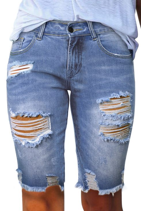 Distressed Fringe Tassel Long Bermuda Denim Shorts