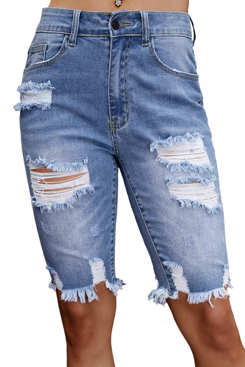 Distressed Fringe Tassel Long Bermuda Denim Shorts