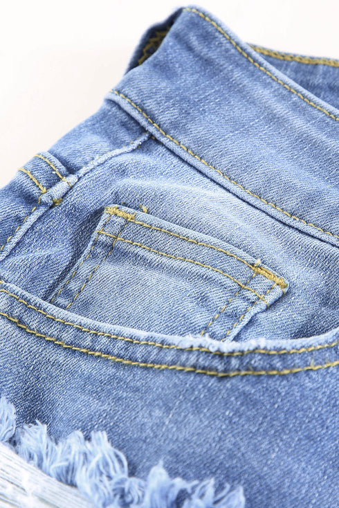 Distressed Fringe Tassel Long Bermuda Denim Shorts