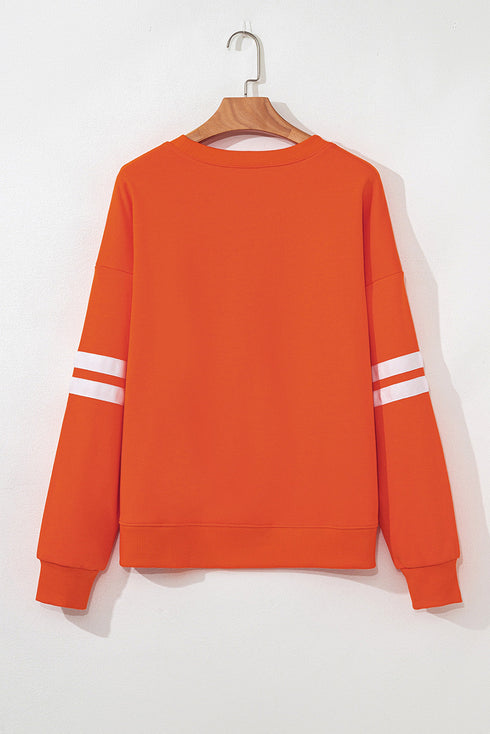 Distressed Graphic Varsity Stripe Crew Neck Sweatshirt
