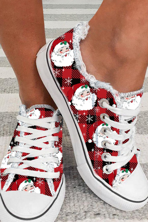Distressed Holiday Plaid Santa Pattern Slip On Shoes