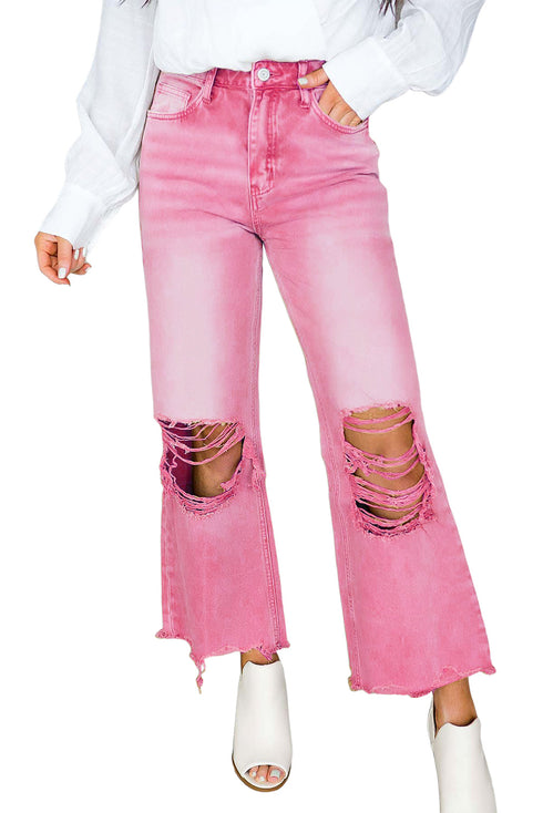Distressed Hollow-out High Waist Cropped Flare Jeans