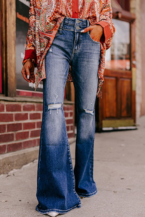 Distressed Hollow-out High Waist Cropped Flare Jeans