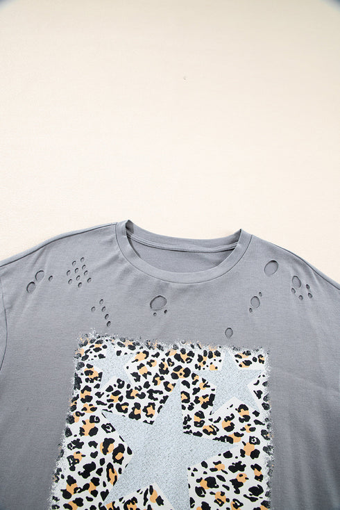 Distressed Leopard Print Star Graphic Short Sleeve Tee