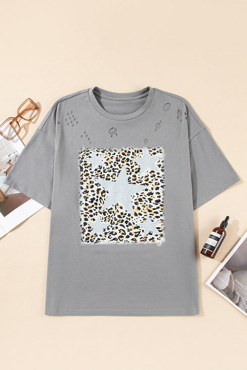 Distressed Leopard Print Star Graphic Short Sleeve Tee