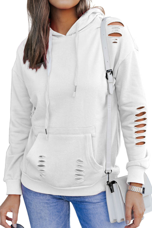 Distressed Long Sleeve Kangaroo Pocket Relaxed Fit Hoodie