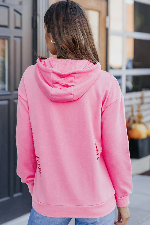 Distressed Long Sleeve Kangaroo Pocket Relaxed Fit Hoodie