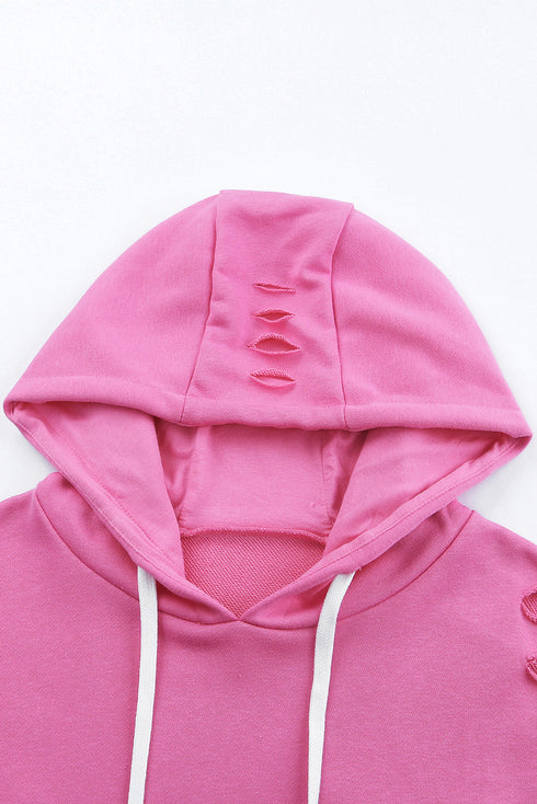 Distressed Long Sleeve Kangaroo Pocket Relaxed Fit Hoodie