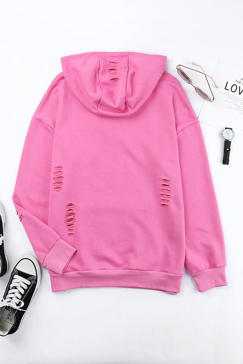 Distressed Long Sleeve Kangaroo Pocket Relaxed Fit Hoodie