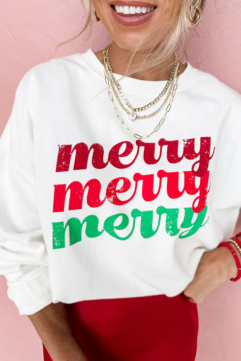 Distressed Merry Graphic Holiday Pullover Sweatshirt