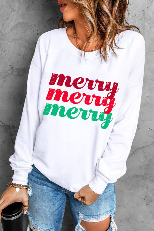 Distressed Merry Graphic Holiday Pullover Sweatshirt