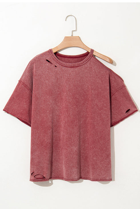 Distressed One Shoulder Oversized Washed Cotton Tunic Tee