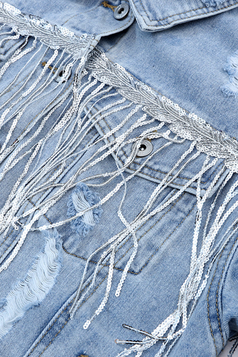 Distressed Patchwork Sequin Fringe Western Denim Jacket
