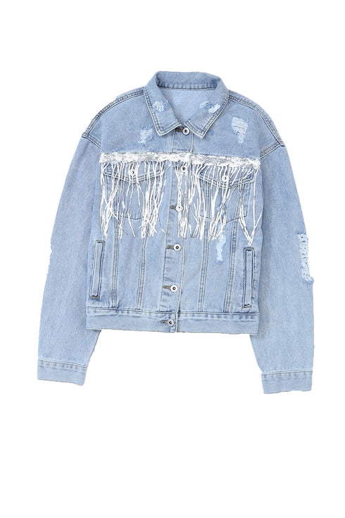 Distressed Patchwork Sequin Fringe Western Denim Jacket