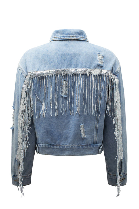 Distressed Patchwork Sequin Fringe Western Denim Jacket