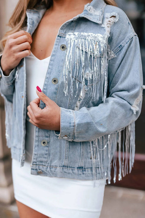 Distressed Patchwork Sequin Fringe Western Denim Jacket