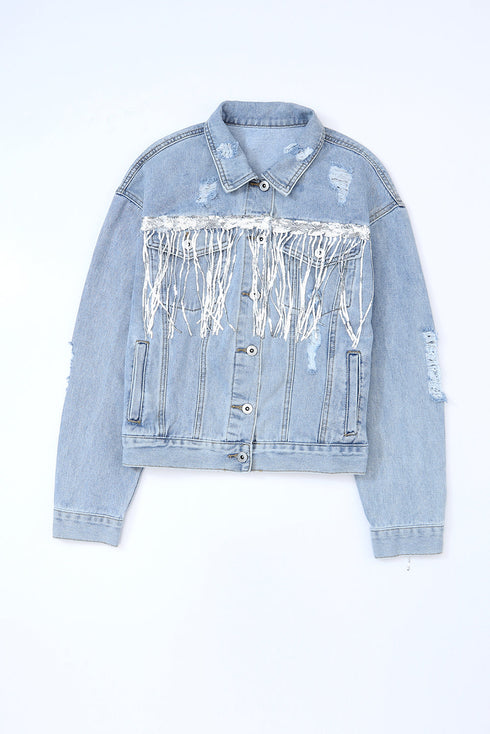 Distressed Patchwork Sequin Fringe Western Denim Jacket