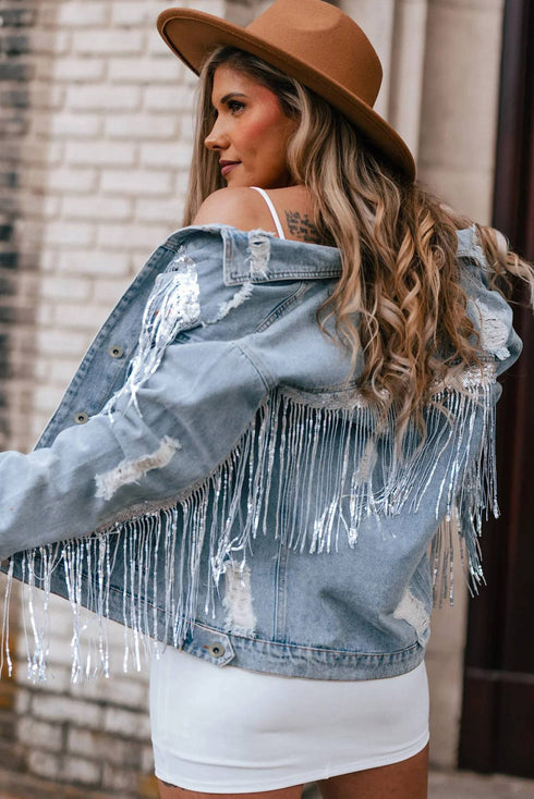 Distressed Patchwork Sequin Fringe Western Denim Jacket