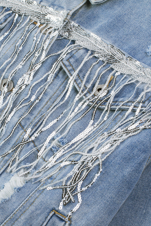 Distressed Patchwork Sequin Fringe Western Denim Jacket