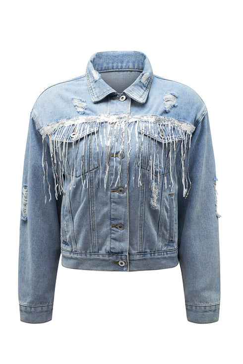 Distressed Patchwork Sequin Fringe Western Denim Jacket
