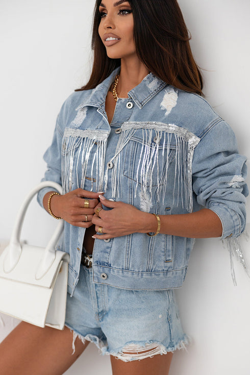 Distressed Patchwork Sequin Fringe Western Denim Jacket