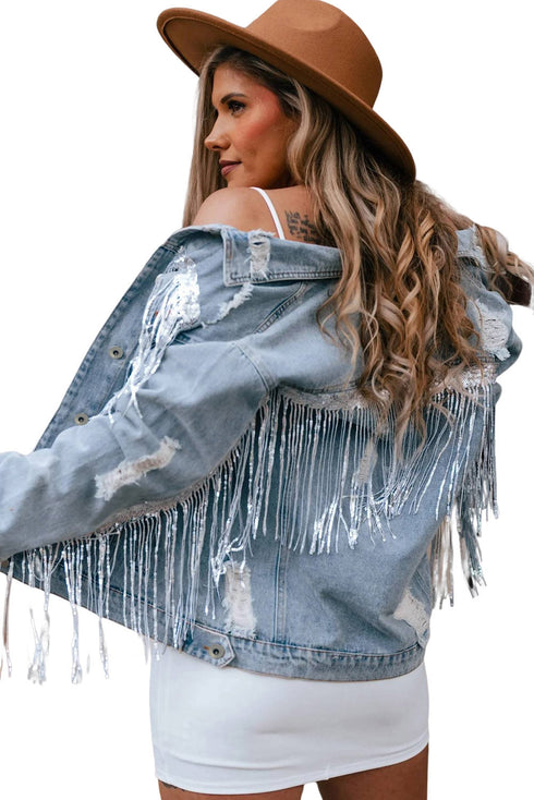Distressed Patchwork Sequin Fringe Western Denim Jacket