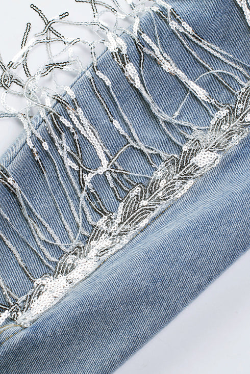 Distressed Patchwork Sequin Fringe Western Denim Jacket