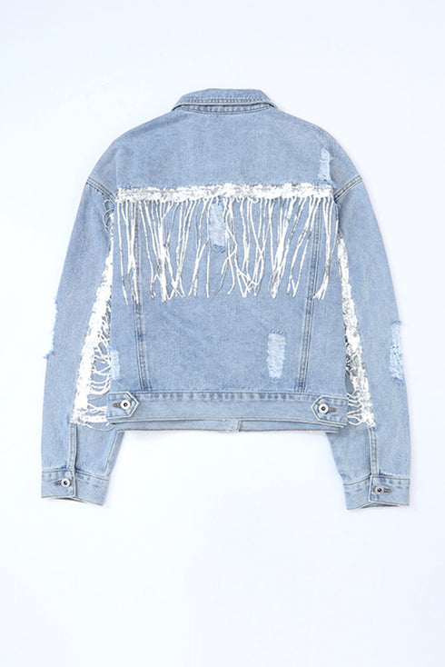 Distressed Patchwork Sequin Fringe Western Denim Jacket