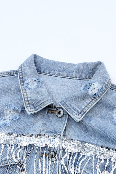 Distressed Patchwork Sequin Fringe Western Denim Jacket
