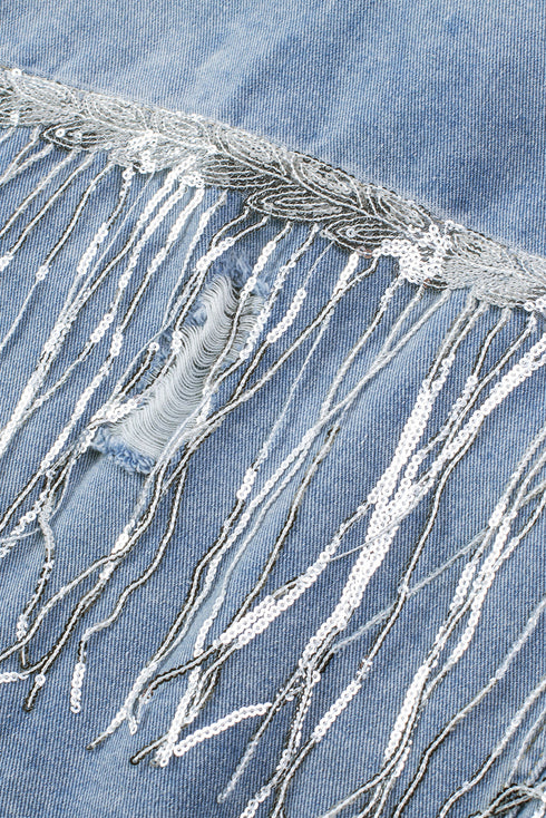 Distressed Patchwork Sequin Fringe Western Denim Jacket