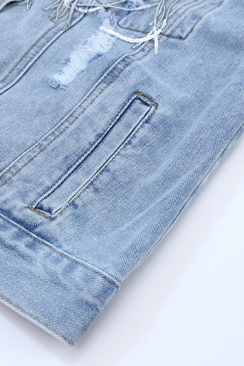 Distressed Patchwork Sequin Fringe Western Denim Jacket