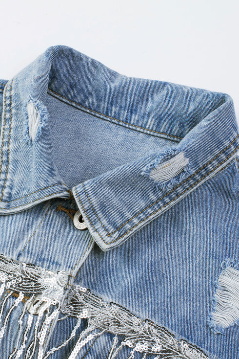 Distressed Patchwork Sequin Fringe Western Denim Jacket