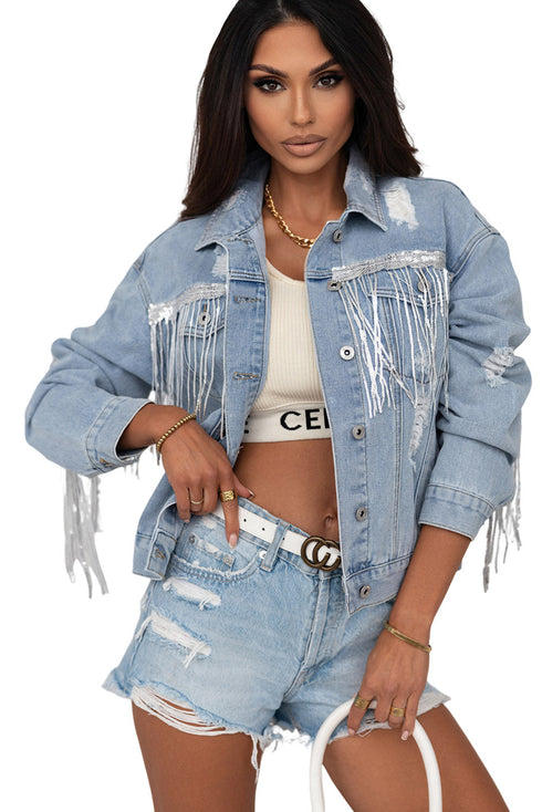 Distressed Patchwork Sequin Fringe Western Denim Jacket