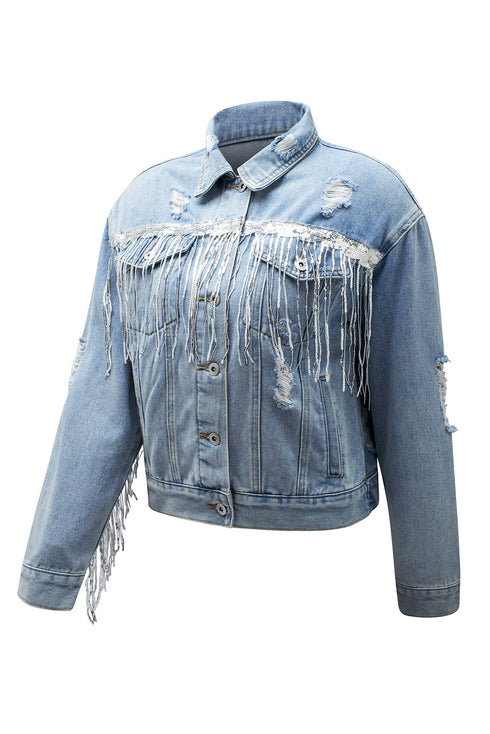 Distressed Patchwork Sequin Fringe Western Denim Jacket