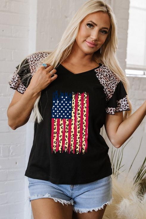 Distressed Patriotic Graphic Ruffle Sleeve V Neck Tee
