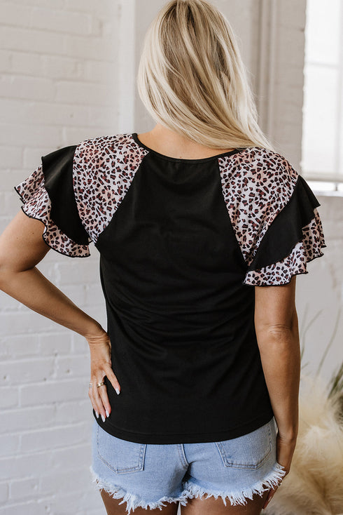 Distressed Patriotic Graphic Ruffle Sleeve V Neck Tee